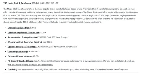 TSP Magic Stick 4 Cam Specs for LS3 engines, featuring valve lift information and requirements for Chevy performance builds.