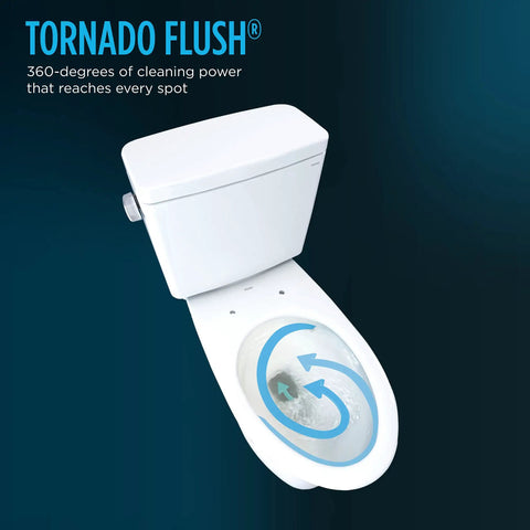 Top Shelf Two Piece Elongated Toilet Featuring Universal Height And 1.6 GPF Tornado Flush System with cleaning power design.