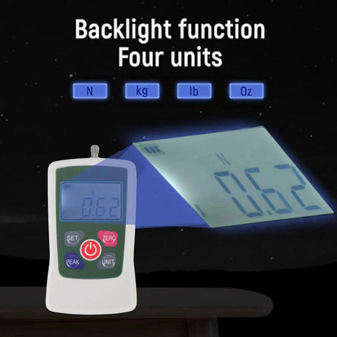 Portable 100n Push Pull Force Meter With Backlit Screen And Auto Shutdown All Around Digital Force Tester For Precise Tension And Compression Easy Readout For Lab And Field Testing, front view