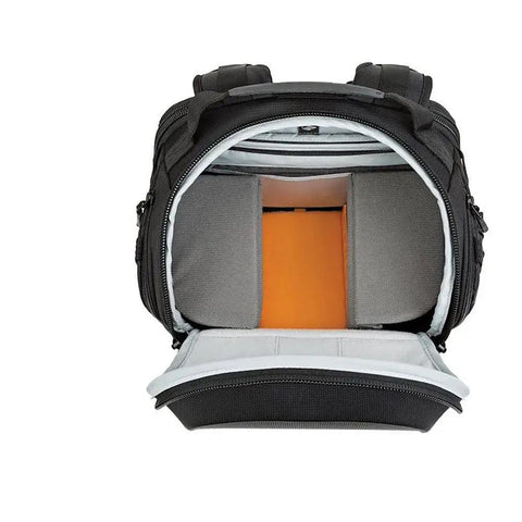 Interior view of ProTactic 350 AW II Modular Camera Backpack with flexible dividers and space for 13-inch laptop and gear.