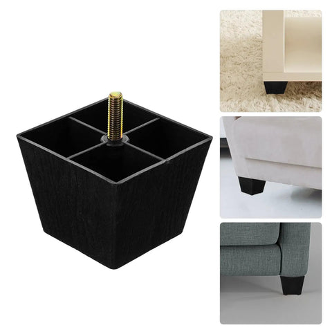 Adjustable Furniture Legs 8-Piece Set with threaded studs for uneven surfaces, showing square plastic and metal sofa feet in use.
