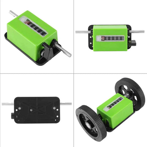Super Smooth Digital Rolling Meter Counter With Kickass Six Digit Display For Precise Textile And Faux Leather Length Measurement Zero Hassle Tracking And Nail It Exactness On Every Yard, shown from multiple angles with dual wheels.