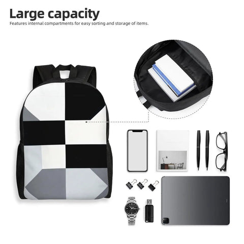 Slick Black And White Piano Grid Laptop Backpack Crafted From Heavy Duty Waterproof Oxford Cloth With Ultra Plush Straps for organizing items.