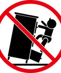 Warning symbol showing a child climbing a falling cabinet to emphasize safety precautions with furniture