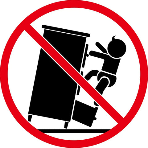 Warning symbol for 4 Tier Solid Pine Wood Book Cabinet In Gray depicting child climbing hazard with red prohibition sign