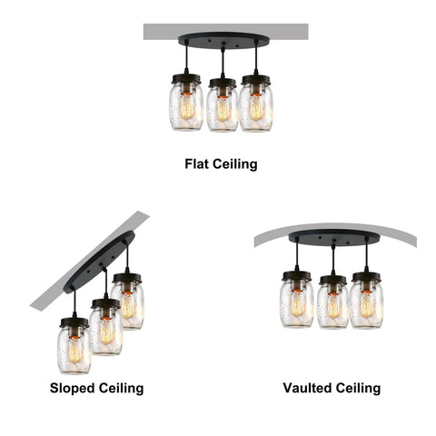 Three Light Mason Jar Pendant Chandelier For Farmhouse Kitchen And Dining Room, Adjustable Ceiling Light Fixture with Glass Jars shown on flat, sloped, and vaulted ceilings.