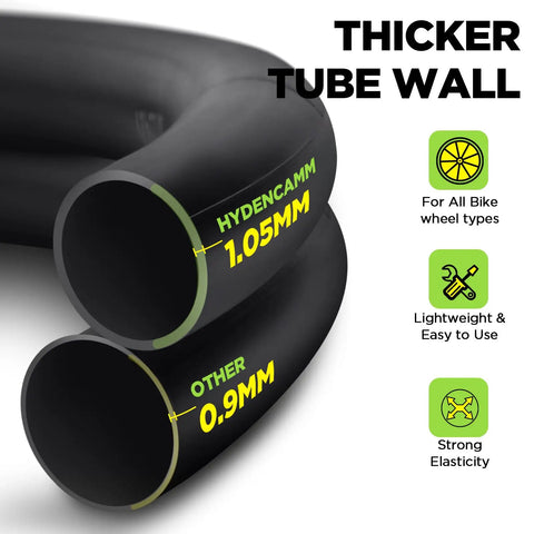 Image showing a comparison of tube wall thickness between HYDENCAMM 1.05mm and other 0.9mm Inner Tube 700C Set With AV48 Schrader Valve Butyl.