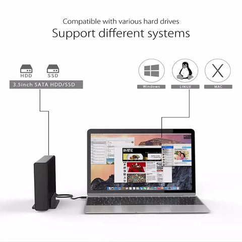 Top Shelf Aluminum 3.5 Inch Usb Type C To Sata Iii External Hard Drive Enclosure 5Gbps connected to a laptop displaying various OS options.