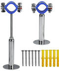2-pack stainless steel wall/ceiling pipe supports with blue adjustable clamps, includes screws and yellow wall anchors