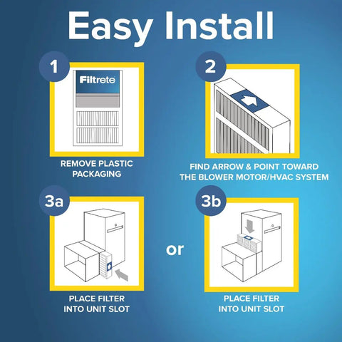 Installation steps for Top Pick 16x25x4 AC Furnace Air Filter MPR 1550 MERV 12, showing removal of packaging and filter placement.