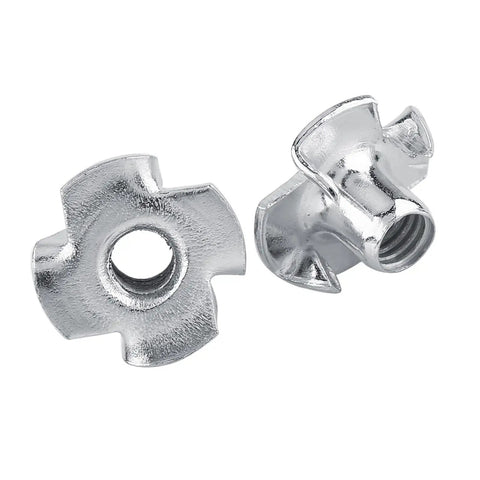 M6 Four Prong Tee Nuts for Woodworking, Heavy Duty Zinc Plated Carbon Steel Captive Nuts with Four Prongs, close-up view