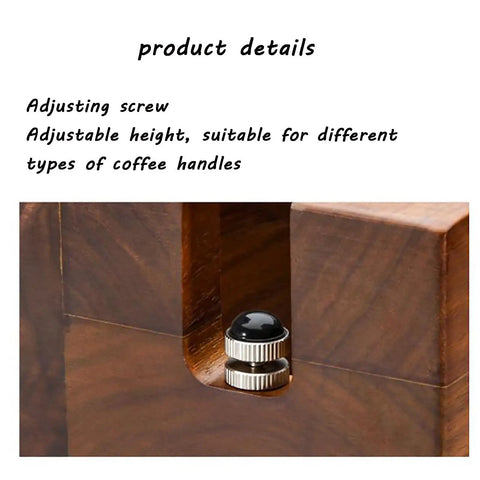 Sleek Wooden Espresso Tamper Station With Integrated Knock Box Fits 58 mm Portafilters, showing adjusting screw for height.