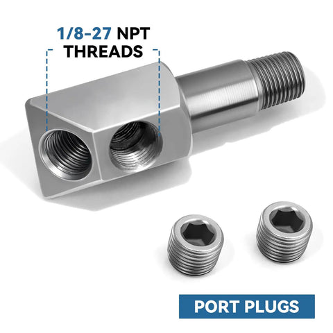 Oil Pressure Sensor Thread Adapter With Dual 1/8-27 NPT Ports 45 Degree And 90 Degree Angles Plug In Ready Multi Sensor Metering Adapter For GM Chevy 305 And 350 Oil Pressure And Temperature Sensors, showing stainless steel construction.
