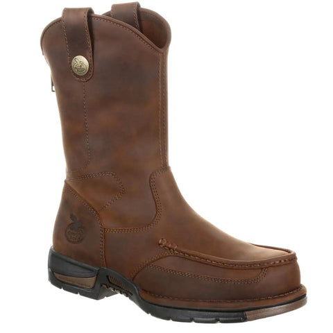 Men's Brown Moc Toe Work Boots Pull On Style With Back Zipper Electrical Hazard Rated showing side view with smooth brown leather finish.