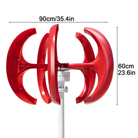 800W Rated Wind Turbine Kit With 1000W Peak Output, 12V 24V Dual Voltage, 5 Blade Lantern Style Generator shown in red