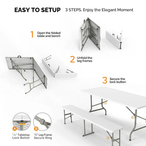 Setup steps for Six Foot Picnic Table Set With Two Benches, Three Piece Folding Outdoor Table And Chair Set, showing folding process.