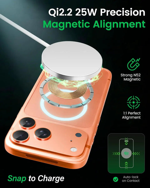 2 Pack 25W Magnetic Wireless Charger Pad showing precise alignment with iPhone for efficient charging.