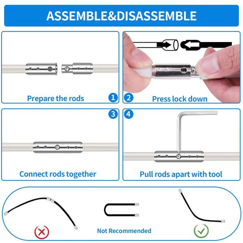 Steps to assemble and disassemble the 48-Foot Dryer Vent Cleaning Kit With Chrome Button Locking System in use