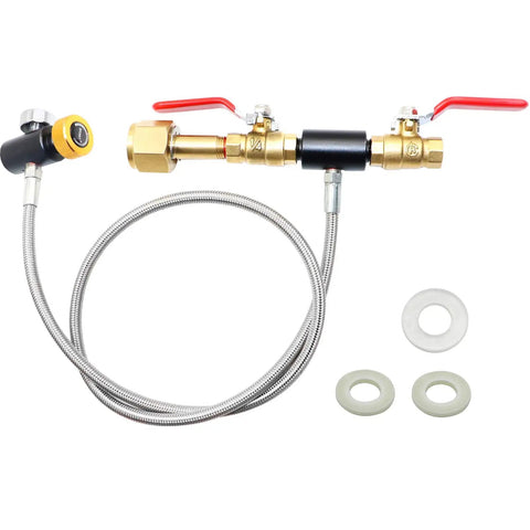 CO2 Refill Adapter Hose Kit With Gauge For No Fuss Home Soda Maker Dual Valve Station, stainless steel line and fittings.