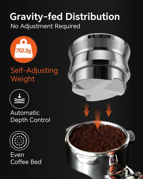 Premium Espresso Gravity Distributor Tool Full Metal Build With Smart Four Blade Base, 702.3g, for uniform coffee bed distribution.