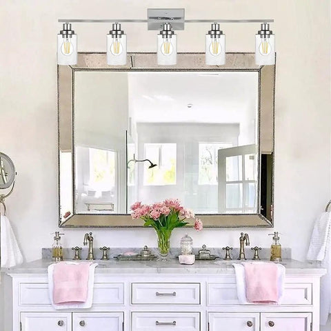 Bathroom with Industrial Chrome Five Light Vanity Light Fixture With Clear Glass Shades Modern Wall Sconces