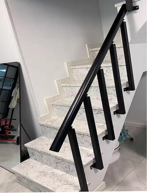 Rock Solid Heavy Duty Wrought Iron Side Mount Deck Spindle Railing Post 85Cm Black Rust Proof 6 Pack on staircase.