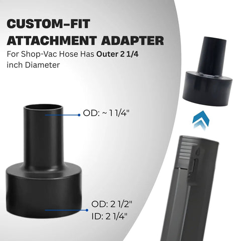 Custom-fit attachment adapter for Shop-Vac hose with outer 2 1/4 inch diameter, labeled dimensions and side view of the adapter.