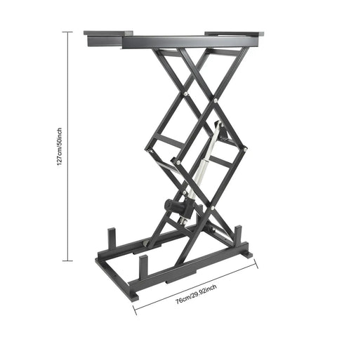 Top Shelf Electric Scissor Lift Table With Zero Fuss Hydraulic Raise Adjustable Height Platform Anti Pinch Guard Built Tough For Garage Projects And Heavy Hauling Tasks 180 Pounds side view with measurements