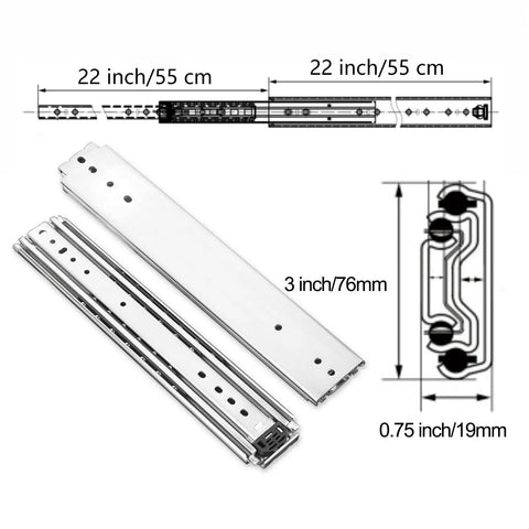 Workhorse 22 Inch Side Mount Drawer Slides 500 Lb Capacity full extension steel tracks with measurements for DIY builds.