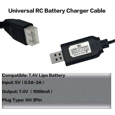 7.4V USB Charger Cable With XH3Pin Plug For RC Cars Planes Tanks Boats And Other Remote Control Toys Dope Universal 7.4V Battery Charger With Battery Protection USB Input 5V 0.5 2A showing USB and plug