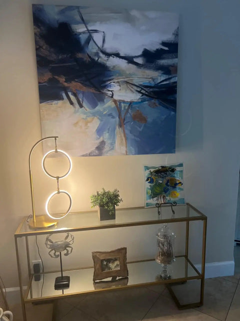 Nova Modern Arc Table Lamp With Two Circle Ring Style Pendant Alexa Compatible Nightstand And Couch Side Light on a brass table