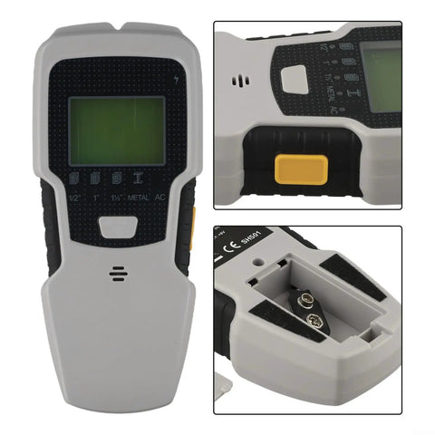 5-in-1 Stud Finder Wall Scanner with LCD Display for Wood Metal Studs AC Wires Pipes Deep Scan up to 3/4 Inch Drywall Silver, showing front and back features.