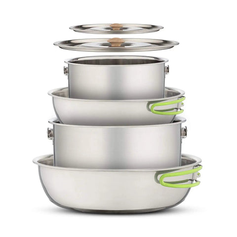 Compact Stainless Steel Campfire Cookware Set With Travel Tote 4 Piece Pot And Pan Kit for Hiking Camping Beach Barbecues stacked