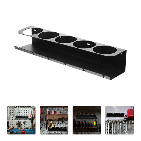 Heavy Duty Wall Mounted Spray Can Storage Rack And Metal Power Tool Organizer, black steel with four circular slots.