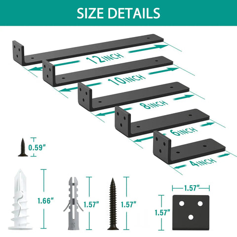Heavy Duty Floating Shelf Brackets 12 Inch Black 4 Pack Hidden Wall Mount Fits Standard 2x4 Wood Studs with size details.