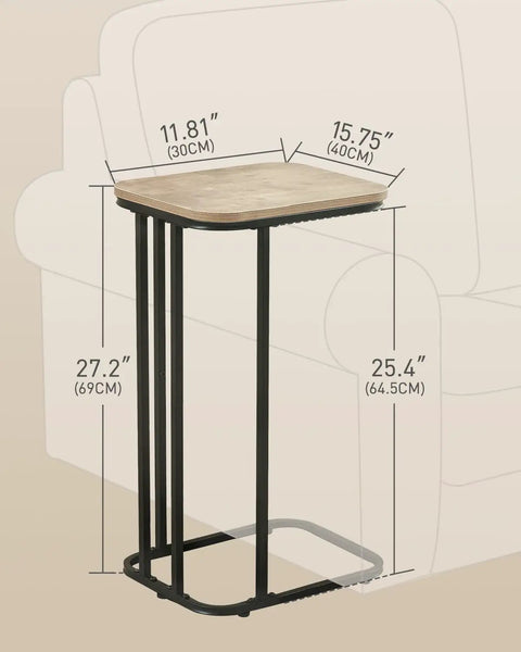 C Shaped End Table For Sofa And Bed, Slim 27 Inch High Side Table That Slides Under Couch, Greige and Black Finish, dimensions shown