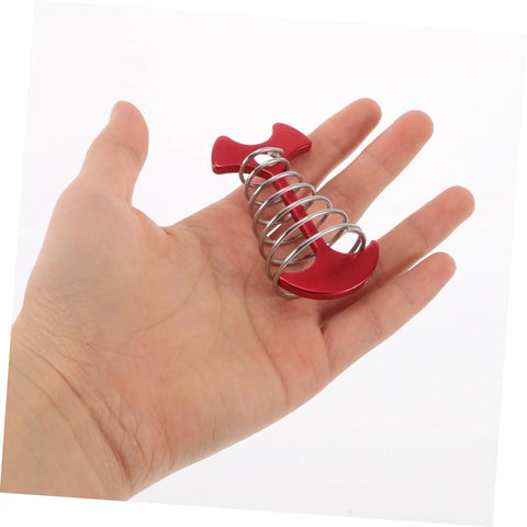 Heavy Duty Adjustable Aluminum Fishbone Tent Pegs And Rope Tighteners for No Sweat Awning Setup shown in a hand, compact, red and silver.