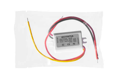 Miniature 12V To 5V Buck Converter Module, 3A 15W Waterproof DC To DC Power Supply, in sealed clear packaging with wires visible.
