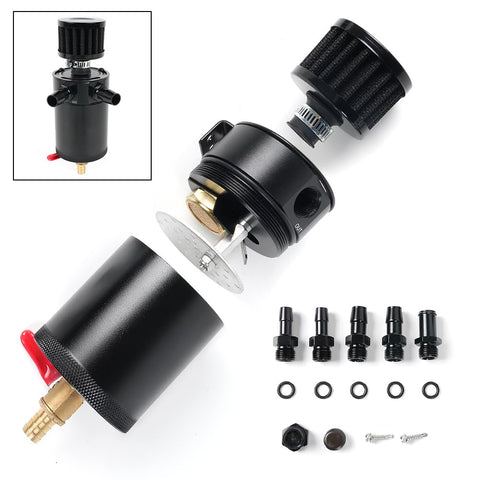 Universal Billet Aluminum Oil Catch Can Kit With 2 Port Breather Filter Reservoir And Oil Separator, components display