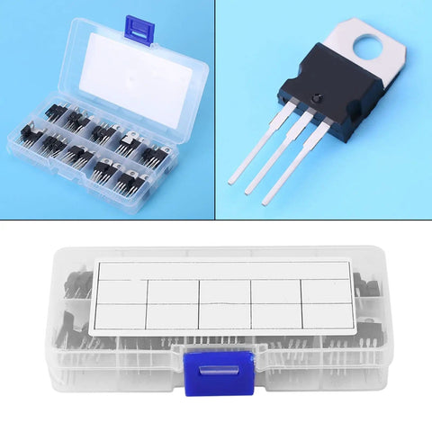 60 Piece Transistor Assortment Kit With 10 Values Storage Box L7805CV And LM317T Included Perfect For Electronics Pros And Hobbyists Clear Markings Well Packed Great For Quick Repairs And Projects shown with storage box and individual transistor