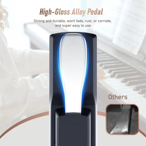 Close-up of Universal Sustain Pedal for Digital Piano and Keyboard with Chrome Plated Metal Foot Damper in foreground
