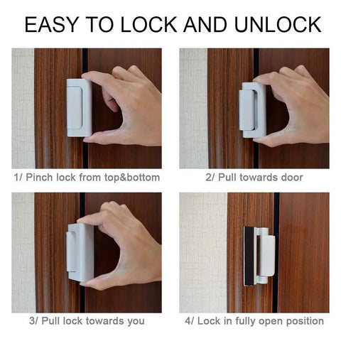 Heavy Duty Door Reinforcement Locks 2 Pack Rock Solid Night Security Backup Withstands 800 Pounds showing easy locking steps.