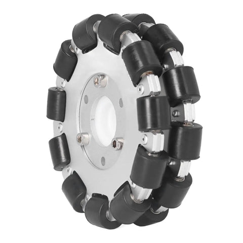 Built Tough Double Aluminum Omnidirectional Wheel With Twenty Two Rubber Rollers 127mm Diameter close-up side view showing rollers.