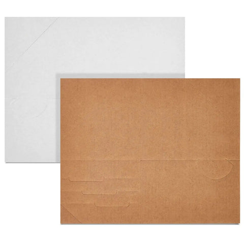 Super Tough Adjustable Cardboard Corner Protectors Designed For Picture Frames And Artwork, flat white and brown pieces.