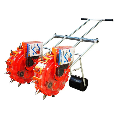 Portable Manual Seeder With Double Row Seed Spreader, Hand Push Seeding Machine And Fertilizer Applicator shown in red