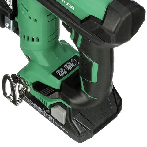 Close-up of 18V Cordless Pin Nailer Tool Only No Battery 23 Gauge Drives 5/8 Inch to 1 3/8 Inch Pins with green handle.
