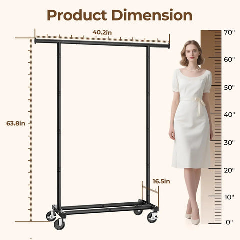 Heavy Duty Rolling Clothes Rack Featuring Smooth Swivel Casters No Sweat Assembly Portable Metal Wardrobe Stand with dimensions 40.2in x 63.8in x 16.5in.