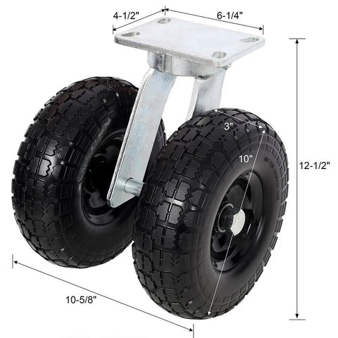 10 Inch Dual Wheel Swivel Caster With Flat Free Pu Foam Tires And 660 Lb Heavy Duty Plate Mount Casters, detailed view with measurements.