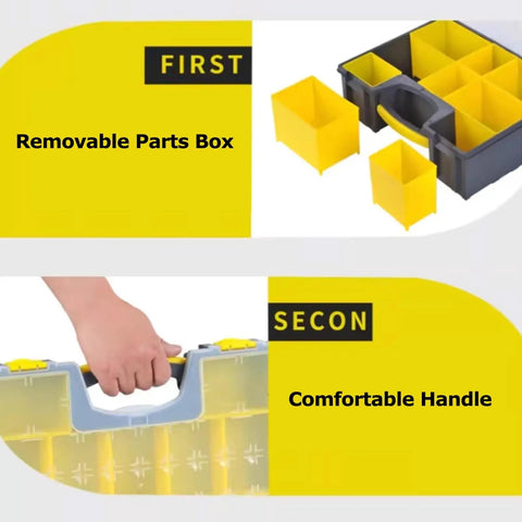 Adjustable Plastic Toolbox With Flexible 9 Compartment Layout, showing removable bins and non-slip handle