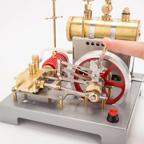 Full Metal Reversible Horizontal Steam Engine Kit with functional boiler details and generator powered lamp features.